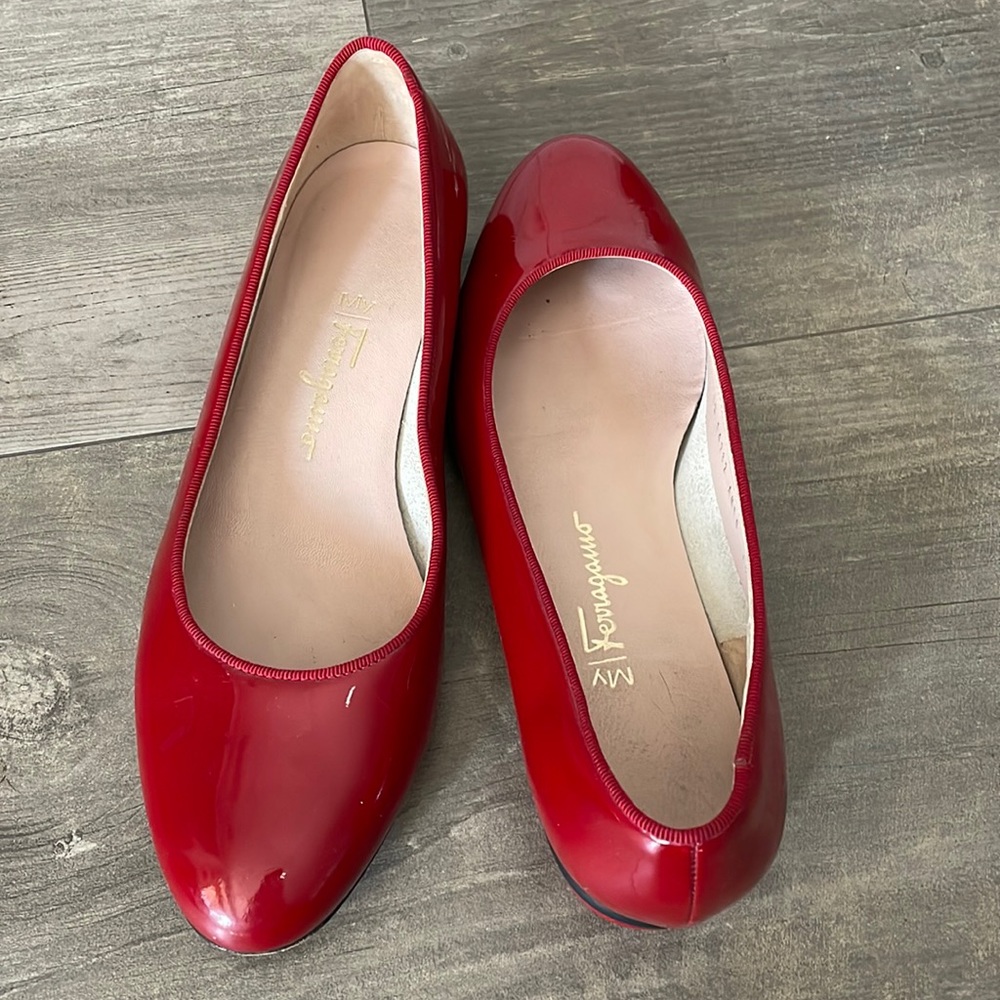 Ferragamo red patent leather flats with funky heel